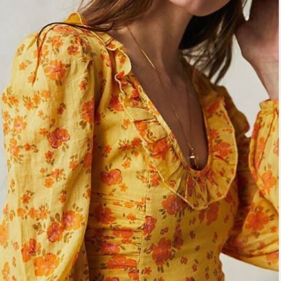 Free People Yellow Floral Print Blouse Ruffles Ruching Balloon Sleeve Small NWT - Picture 2 of 16